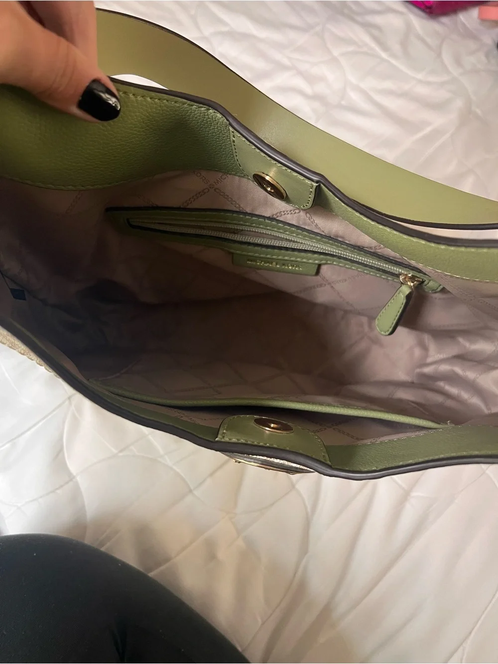 Michael Kors Beige MK Logo Hobo with Olive Trim and Gold Hardware